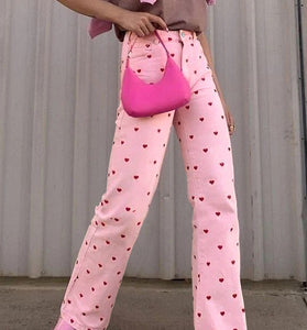 Heart Pattern Straight Jeans