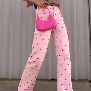 Heart Pattern Straight Jeans