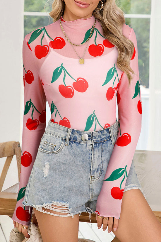 Cherry Print Long Sleeve Mesh Top