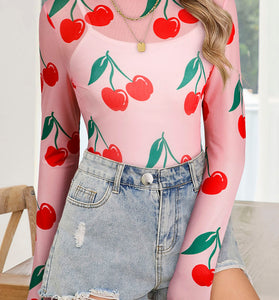 Cherry Print Long Sleeve Mesh Top