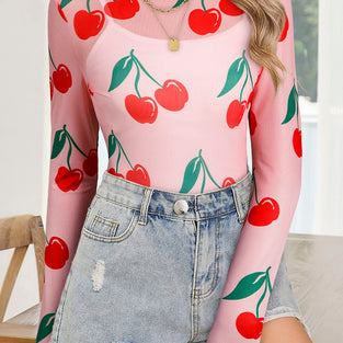 Cherry Print Long Sleeve Mesh Top