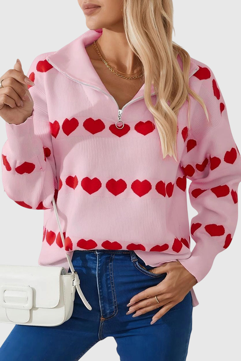 Heart Pattern Zip-Up Sweater