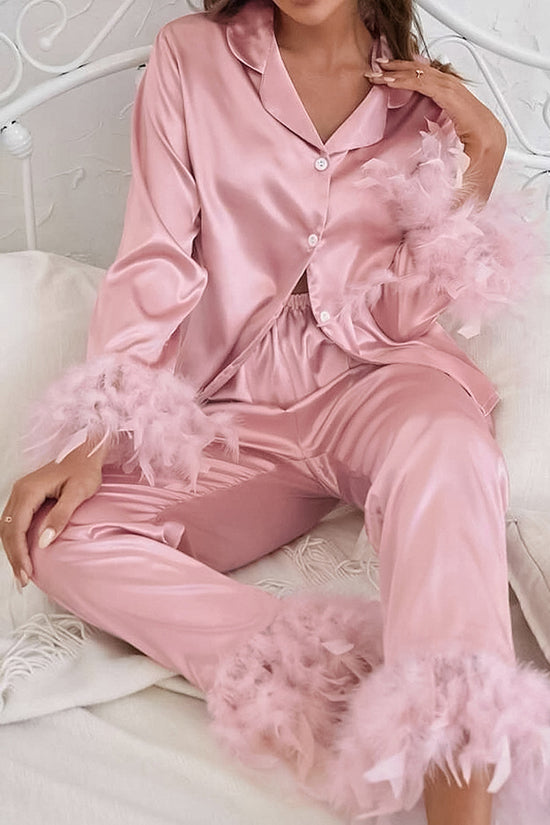 Feather Trim Buttoned Loungewear Set