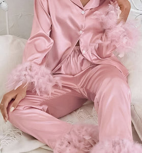 Feather Trim Buttoned Loungewear Set