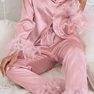 Feather Trim Buttoned Loungewear Set