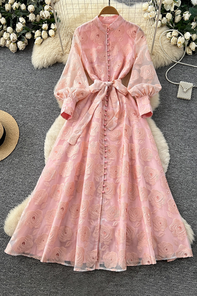 Elegant Long Sleeve Tie-Waist Dress