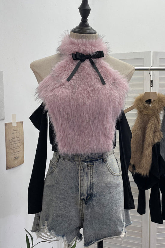Fluffy Halter Neck Tank with Ribbon Bow