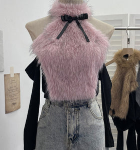 Fluffy Halter Neck Tank with Ribbon Bow