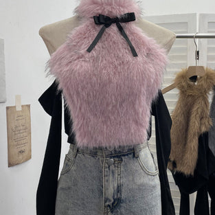 Fluffy Halter Neck Tank with Ribbon Bow