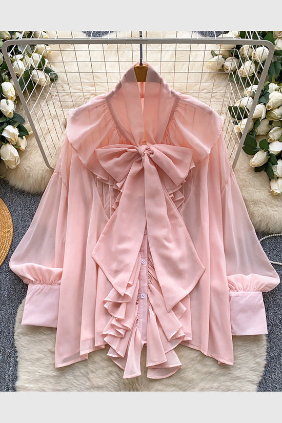 Elegant Bow Tie Ruffle Blouse