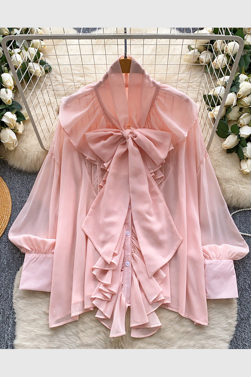 Elegant Bow Tie Ruffle Blouse
