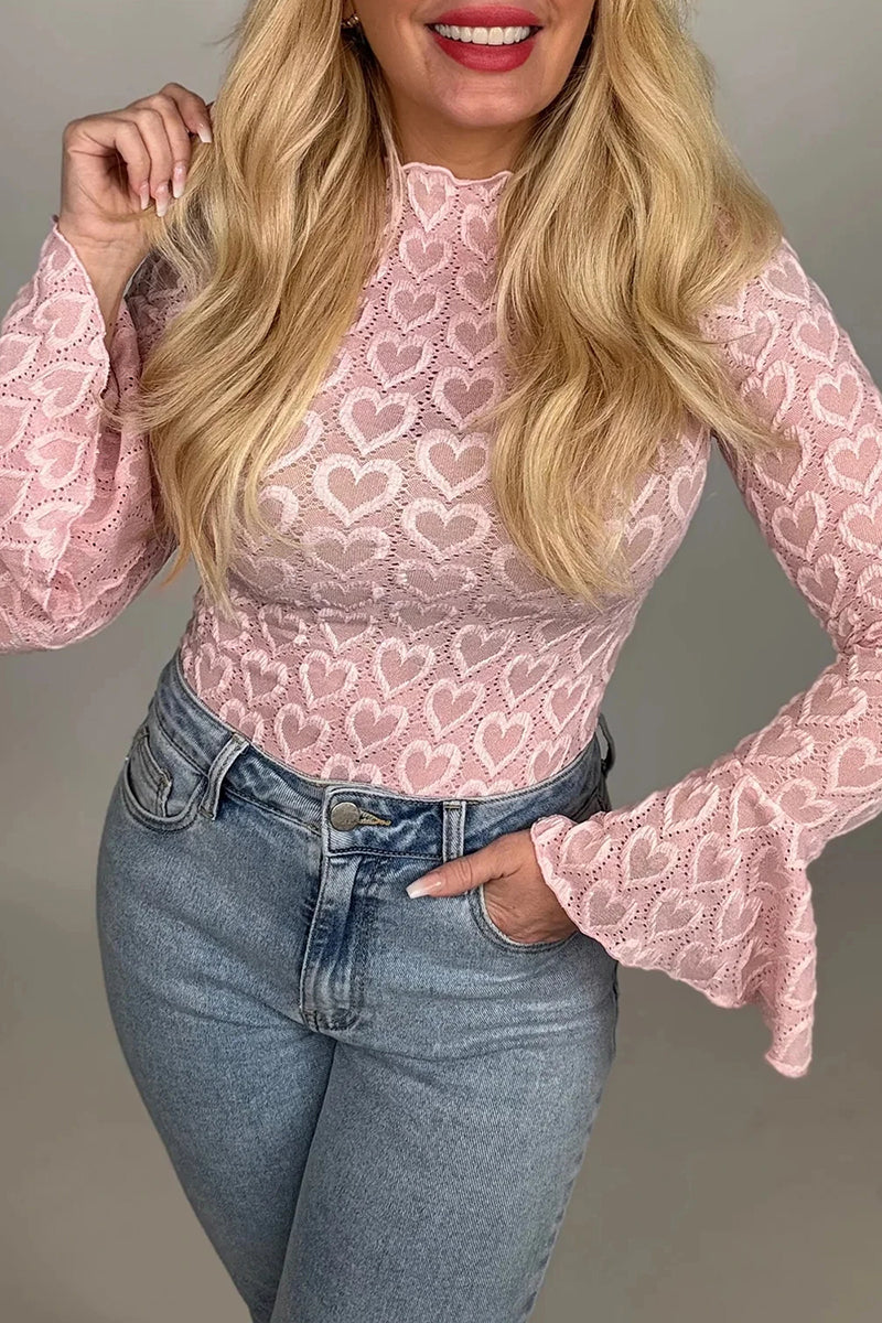 Heart Jacquard Flare Sleeve Mock Neck Top