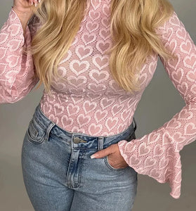 Heart Jacquard Flare Sleeve Mock Neck Top