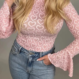 Heart Jacquard Flare Sleeve Mock Neck Top