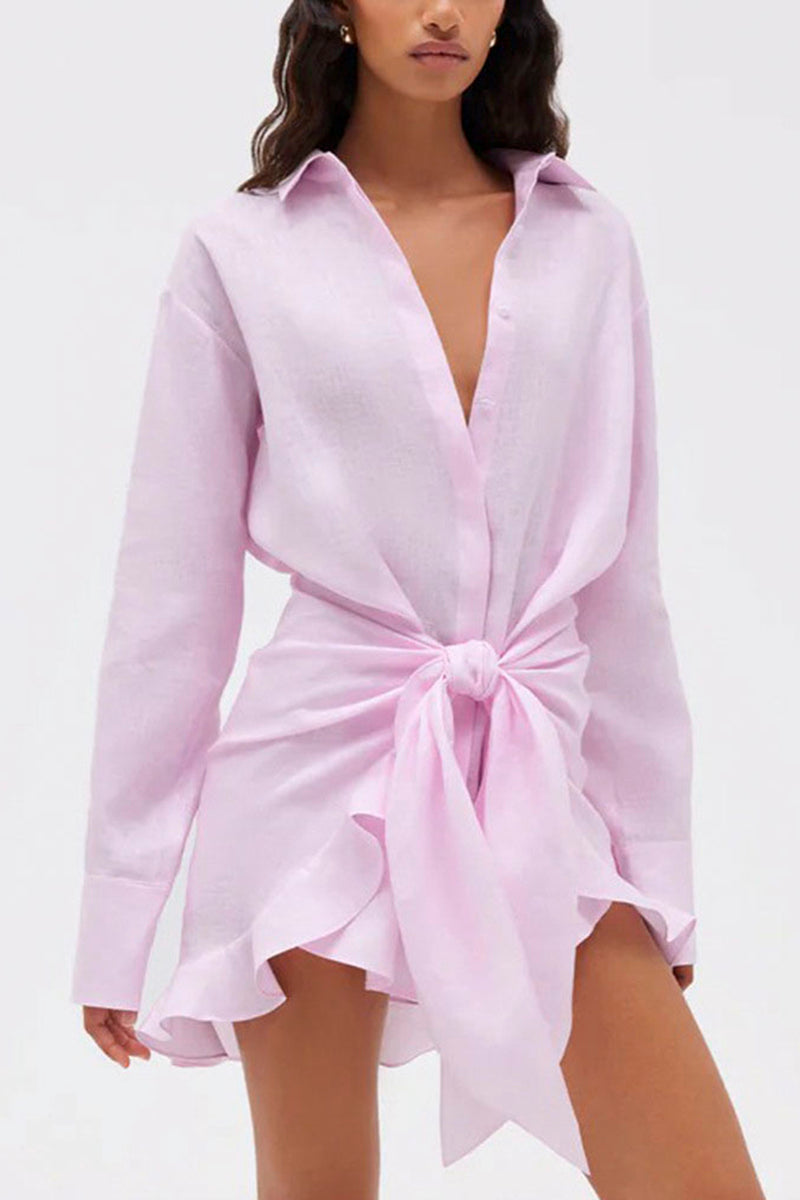 Collared Knot Front Casual Shirt Dress