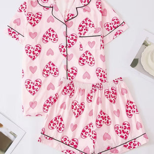 Heart Print Short Sleeve Loungewear Set