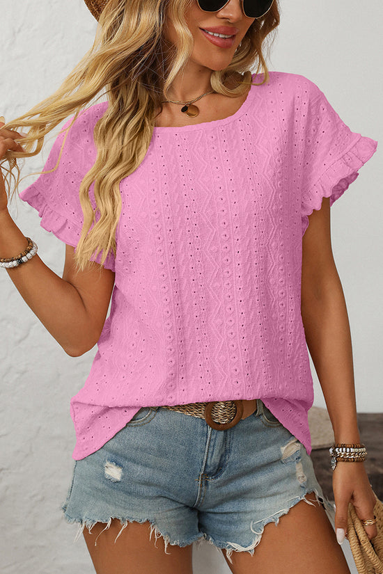 Ruffle Sleeve Eyelet T-Shirt