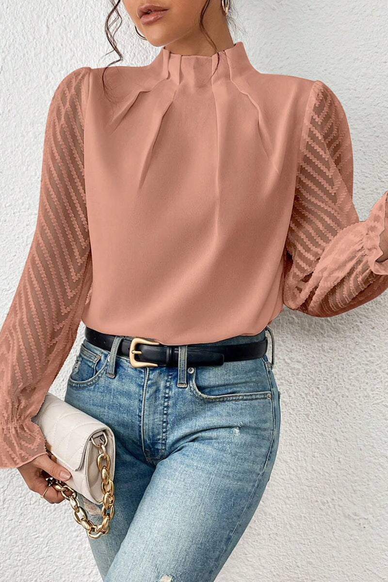 Elegant Pleated High Neck Sheer Sleeve Top