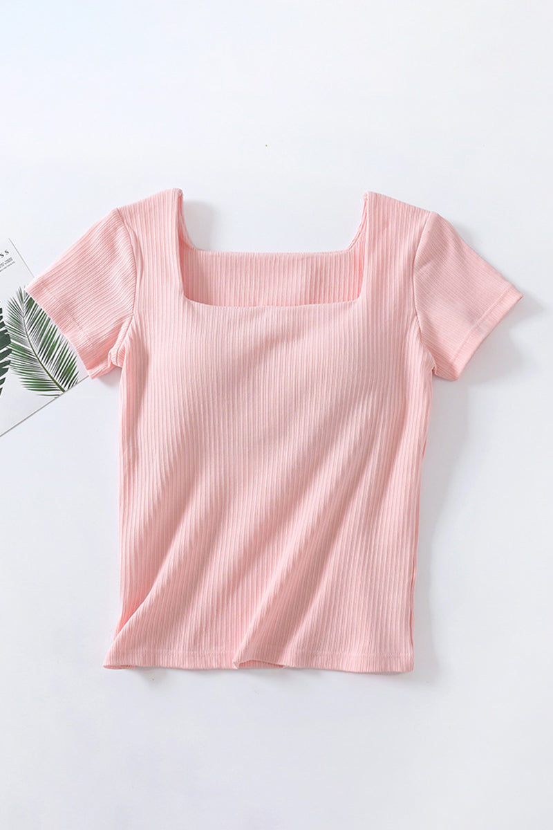 Square Neck Ribbed Short Sleeve Top