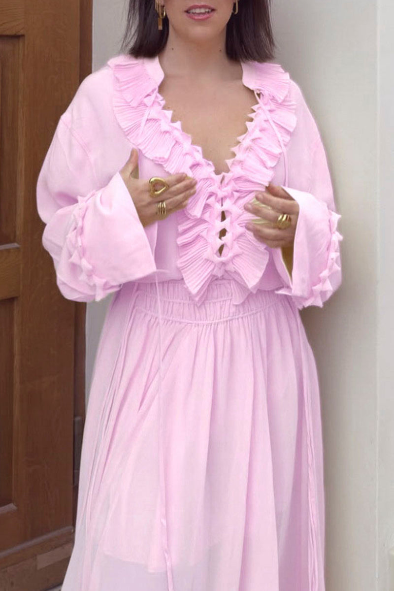 Ruffled V-Neck Long Sleeve Blouse