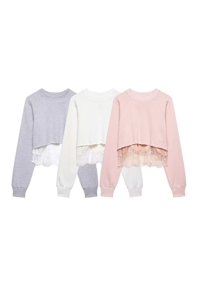 Lace Hem Crop Sweatshirt