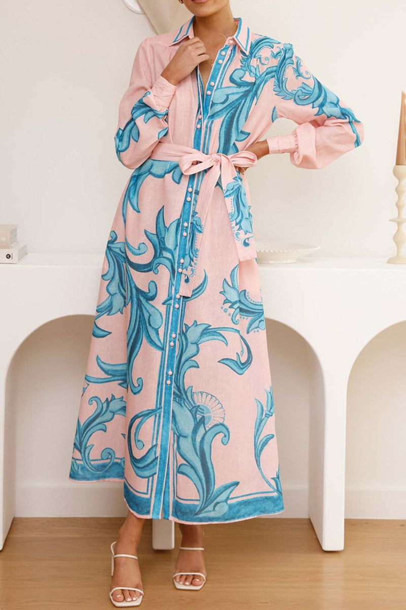 Floral Belted Long Sleeve Casual Dress