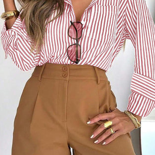 Striped Long Sleeve Button-Up Blouse