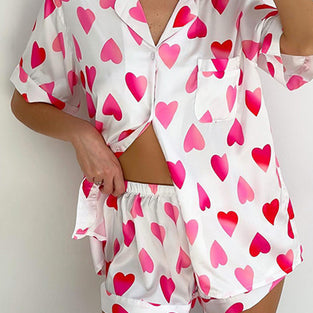 Heart Print Tie-Front Loungewear Set