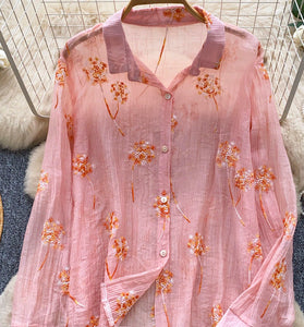 Floral Button-Up Sheer Blouse