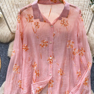 Floral Button-Up Sheer Blouse