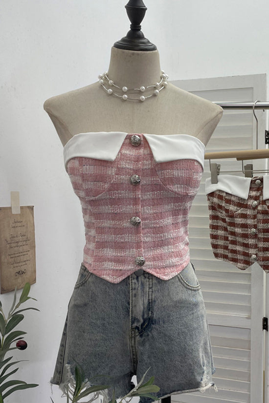 Buttoned Off-Shoulder Plaid Tank Top