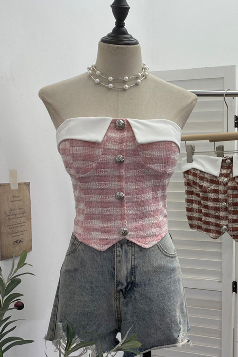 Buttoned Off-Shoulder Plaid Tank Top