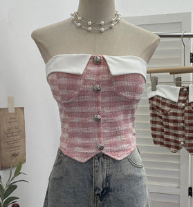Buttoned Off-Shoulder Plaid Tank Top