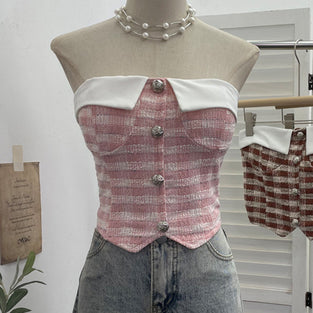 Buttoned Off-Shoulder Plaid Tank Top
