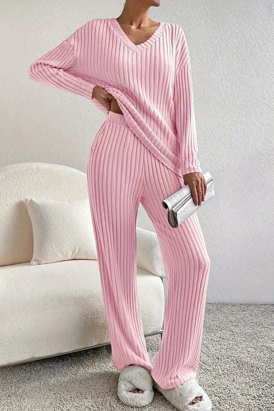 Ribbed V-Neck Pants Set