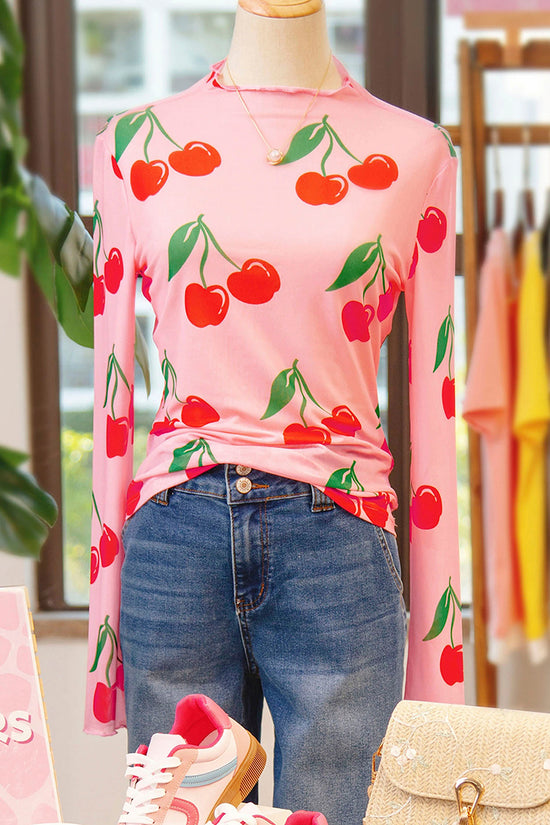 Cherry Print Long Sleeve Mesh Top