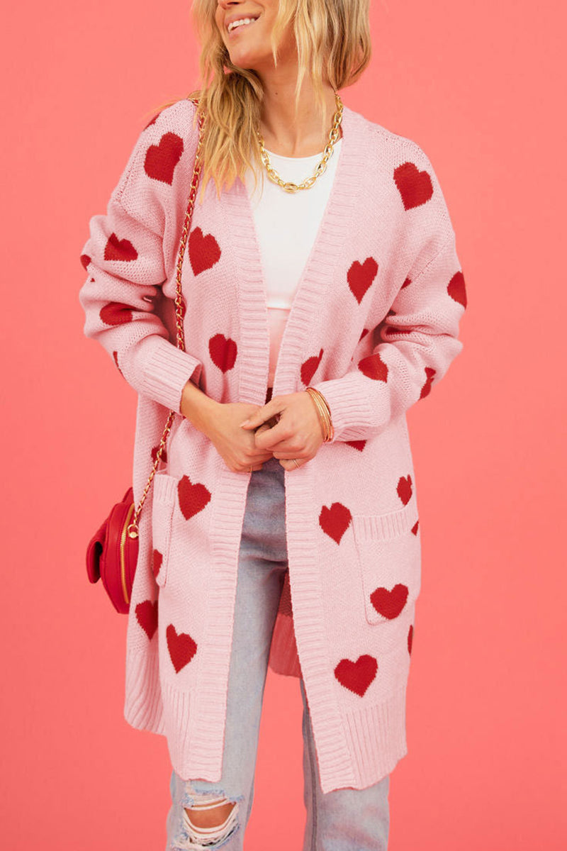 Heart Pattern Open-Front Cardigan