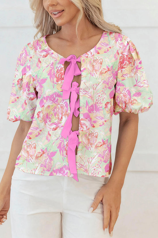 Ribbon Knot Front Floral Puff Sleeve Top