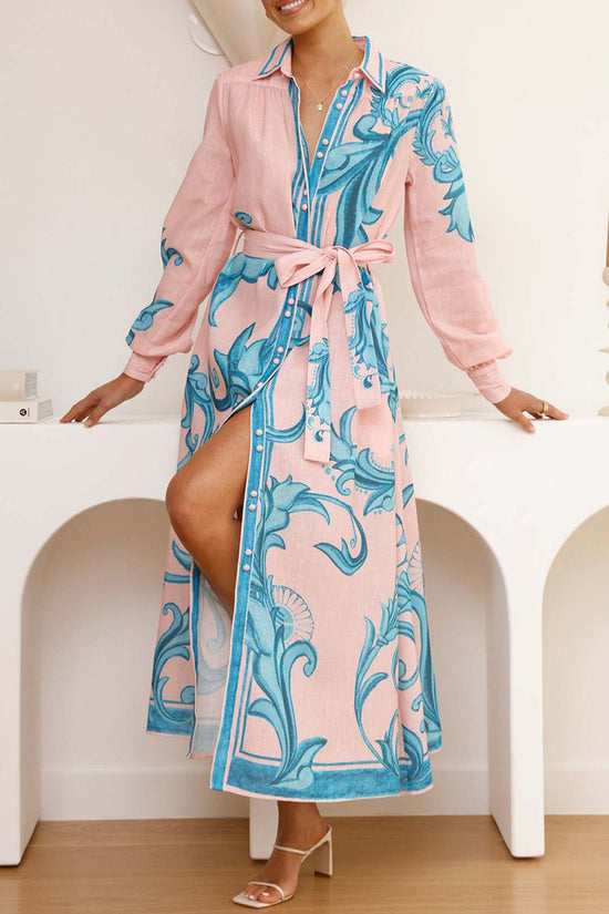 Floral Belted Long Sleeve Casual Dress