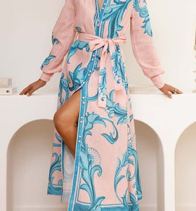 Floral Belted Long Sleeve Casual Dress