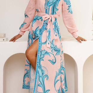 Floral Belted Long Sleeve Casual Dress