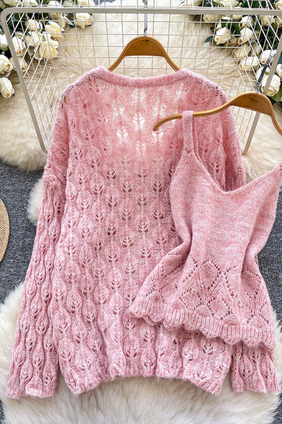 Hollow Knit Cardigan and Cami Set