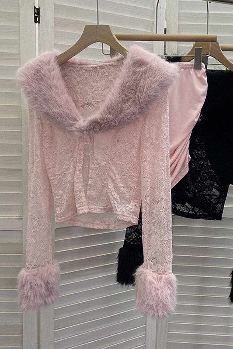 Elegant Fur Collar Lace Skirt Set