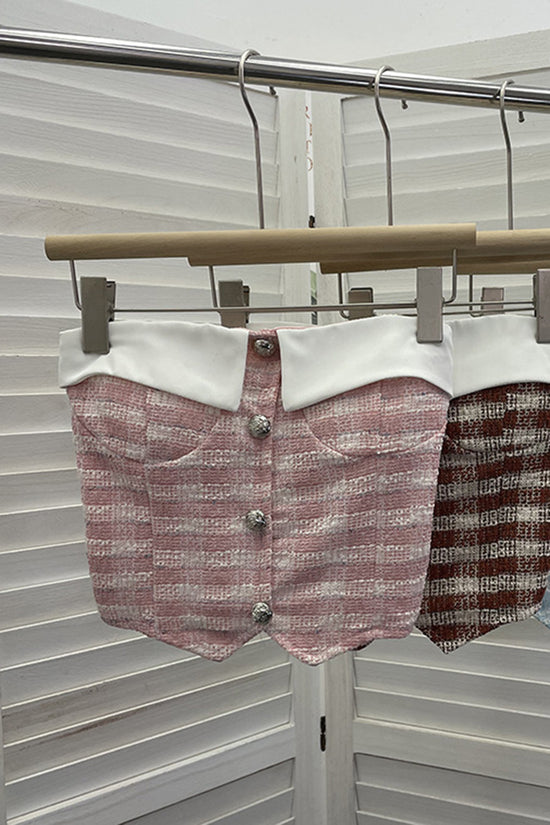 Buttoned Off-Shoulder Plaid Tank Top