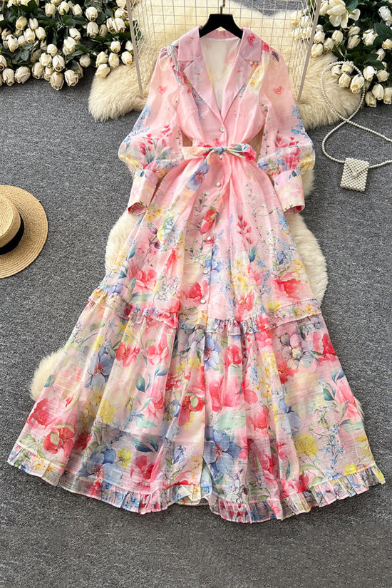 Floral Belted Long Sleeve Casual Dress