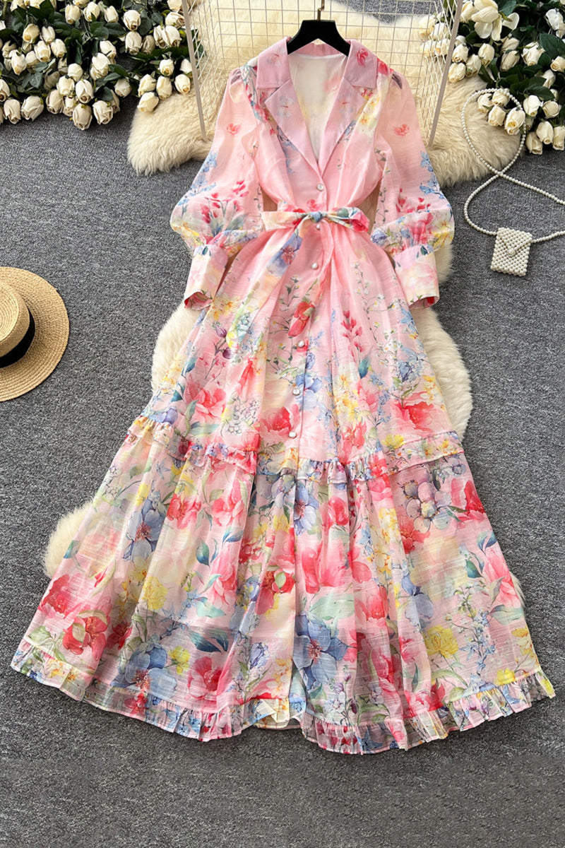 Floral Belted Long Sleeve Casual Dress