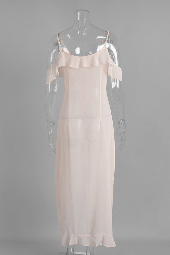 Ruffle Trim Cold Shoulder Midi Dress