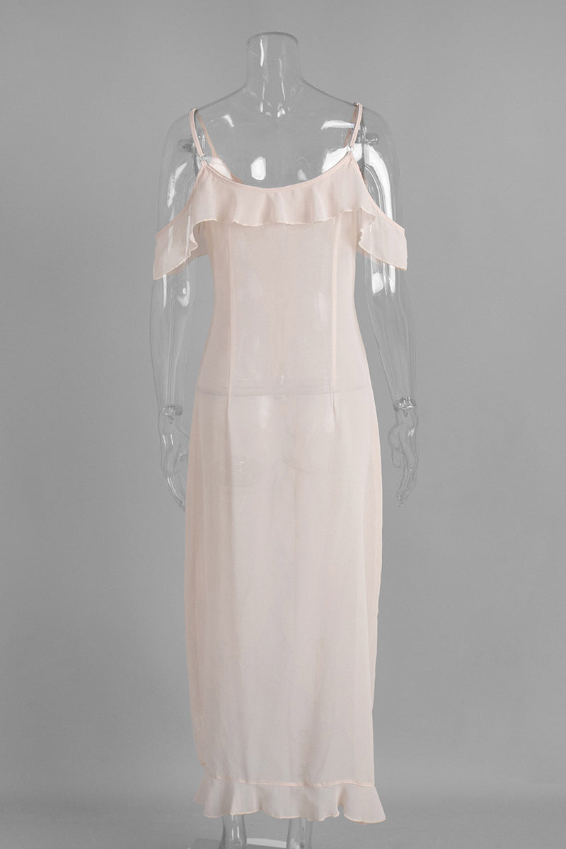 Ruffle Trim Cold Shoulder Midi Dress