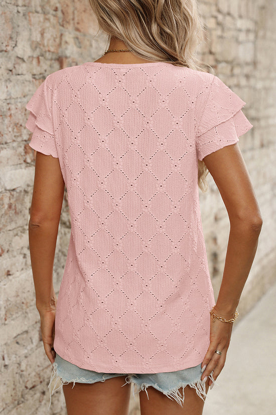 Ruffled Sleeve Eyelet T-Shirt