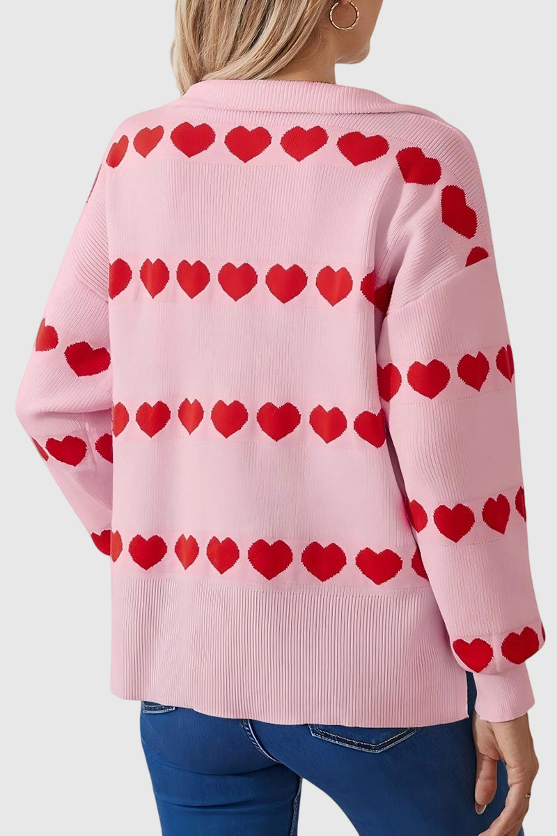 Heart Pattern Zip-Up Sweater